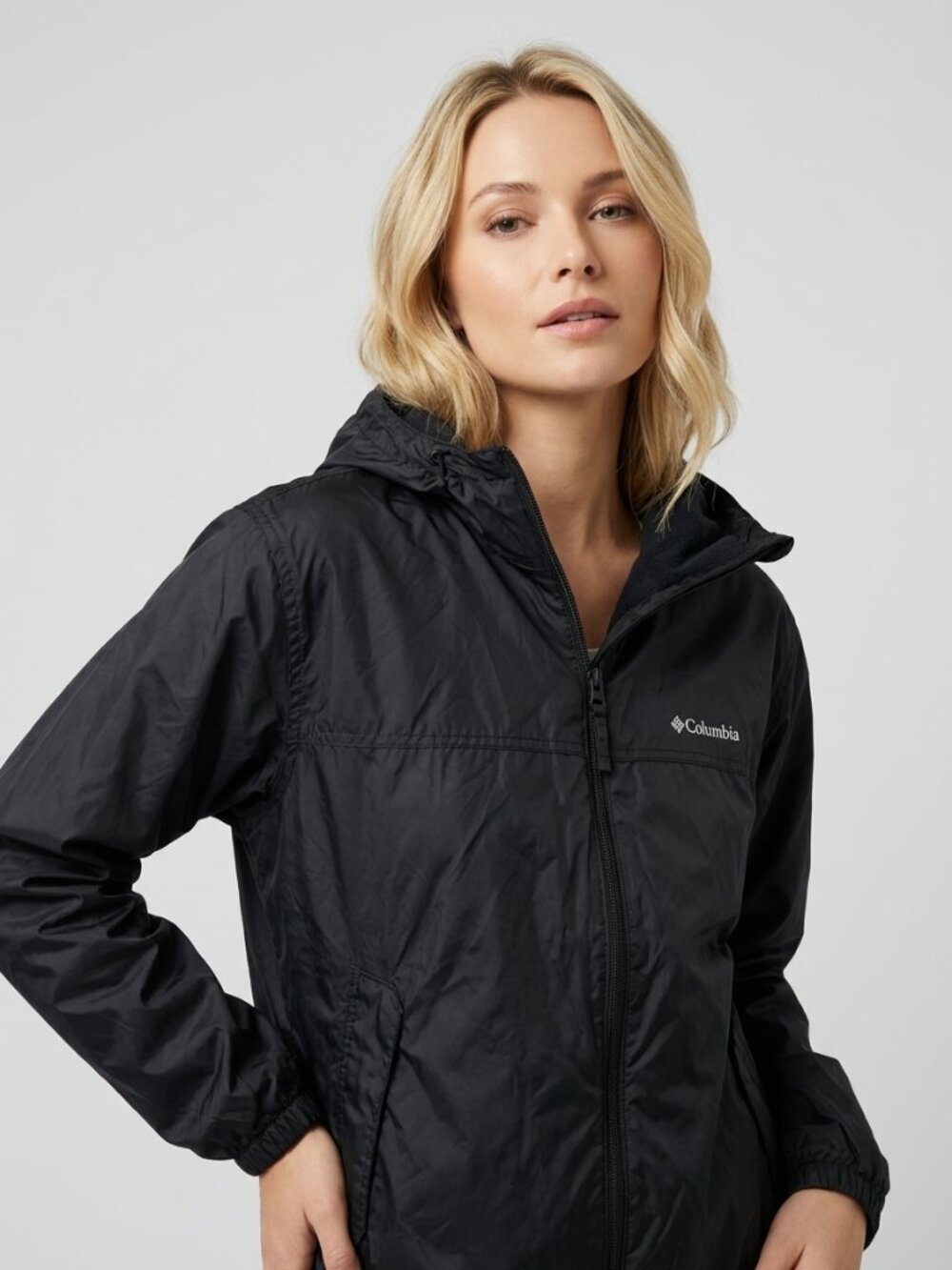Columbia Fleece-Lined Hooded Windbreaker Jacket Black Large WL6345